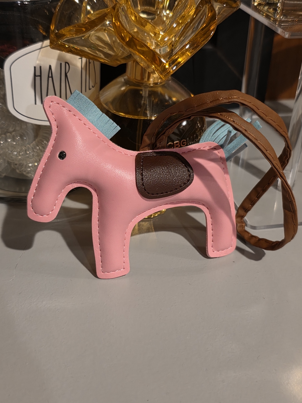 SADI Pink Leather Horse Bag Charm with Brown Saddle